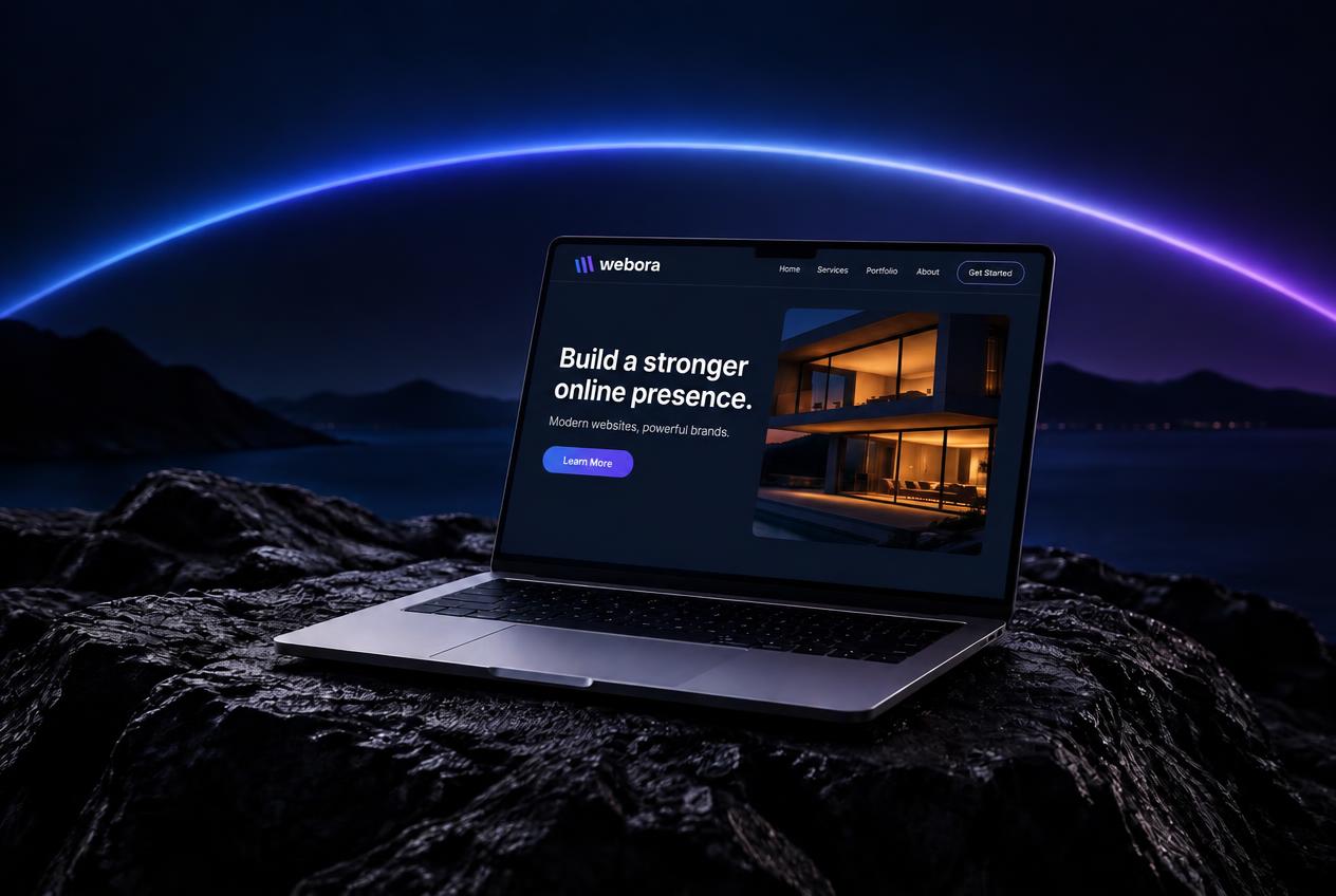Laptop showing a modern website on a dark rock under a glowing blue arc